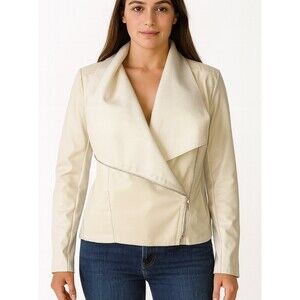 Cream/Vanilla colored jacket pleather draped open front asymmetrical zip SZ Sm